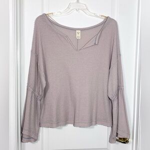 We The Free Bell Sleeve Split Neck Waffle Knit Top Lavender Medium
